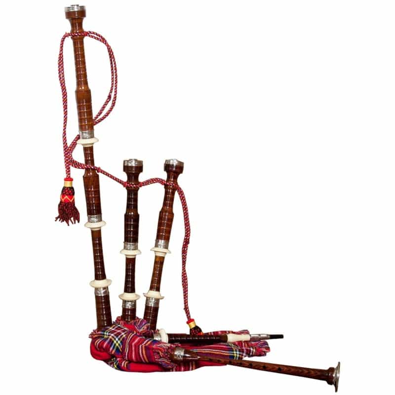 Roosebeck Full Size Sheesham Bagpipe Engraved Nickel Plated With Red Tartan Cover *Blemished