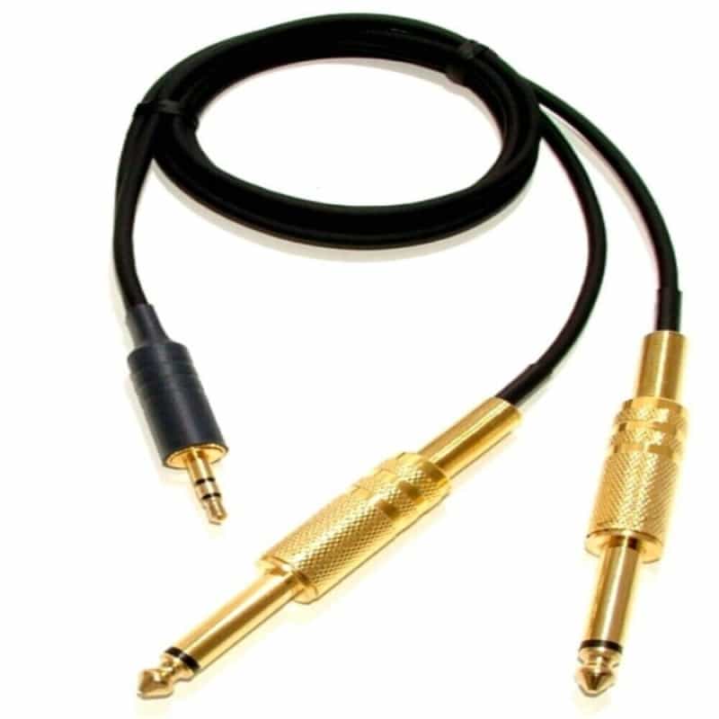 Dual 1/4 Inch Gold Plated Male Phone Plugs To 1/8 Inch Stereo Gold Plated Male, 24″ Long. Made In Usa